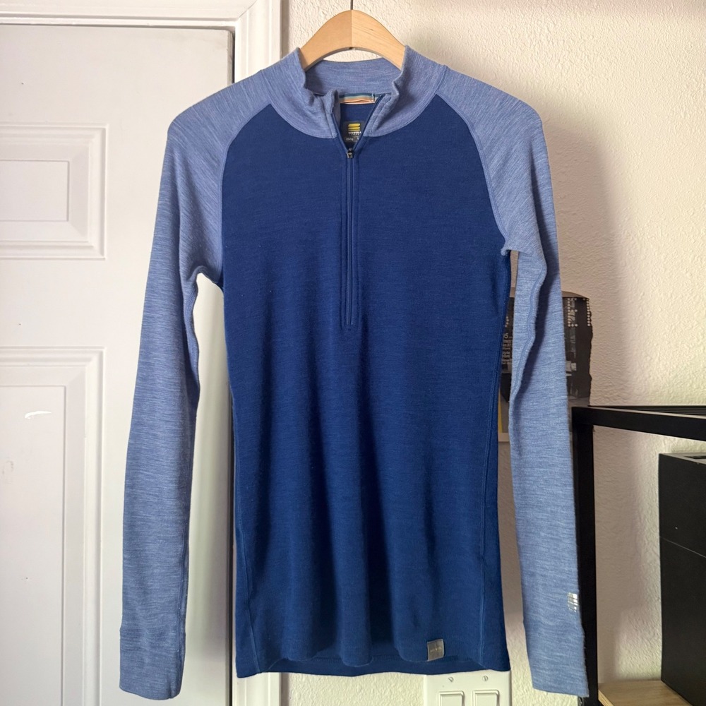 MERIWOOL blue merino colorblock mock athletic base layer outdoors full zip top